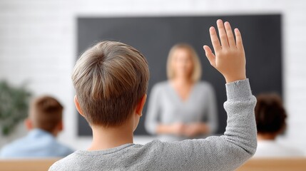 Poster - Student Raising Hand in Classroom Du Lesson with Teacher and Classmates