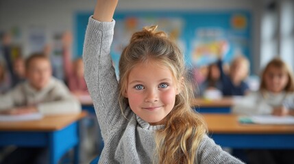 Poster - Bright smiling young girl raising her hand confidently in colorful classroom setting du lesson
