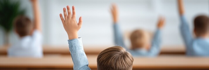 Poster - Classroom Scene with Students Raising Hands Du Lesson in a Modern School Setting