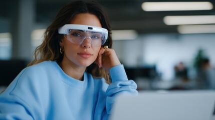 Aufkleber - Young woman wea augmented reality glasses in modern technology lab environment
