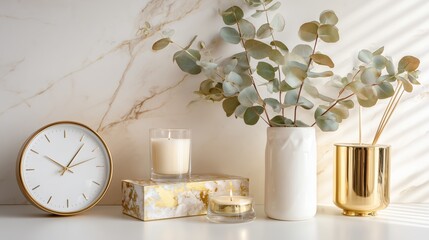 Poster - Modern stylish home decor featuring a clock, candles, and decorative plants in a bright, minimalistic setting