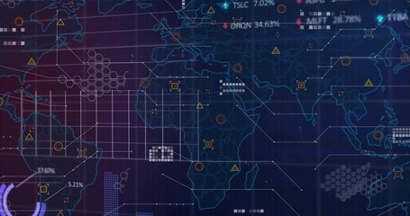 Poster - Neon-blue outline drawing zooming out icons linking and tickers sliding visualizing market trends