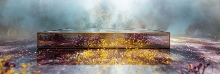 Poster - Reflective Mirror Floating in an Abstract Field With Ethereal Colors and Textures During Twilight