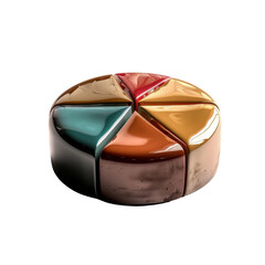 Poster - Colorful, glossy pie chart with segments in vibrant shades of blue, red, orange, and yellow, showcasing modern design Transparent background or png