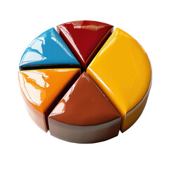 Poster - Colorful pie chart made of glossy materials, featuring segments blue, red, orange, yellow, brown, and gray. This vibrant design symbolizes data Transparent background or png