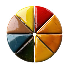 Poster - Colorful pie chart with eight segments showcasing vibrant hues of yellow red brown blue orange and black creating visually appealing design Transparent background or png