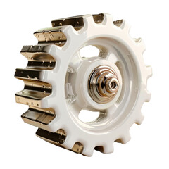 Poster - Detailed white gear wheel with shiny metallic center, showcasing blend of industrial design and modern aesthetics Transparent background or png