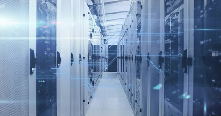 Poster - At start, translucent digital overlays drifting and pulsing through server aisle showing data flow