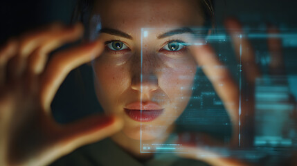 Poster - focused young woman analyzing digital data on a futuristic transparent display in a dark tech enviro