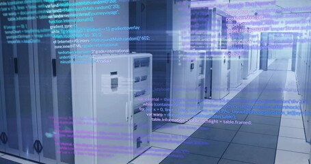 Poster - Cyan magenta code lines starting scrolling across server cabinets, camera panning showing data flow