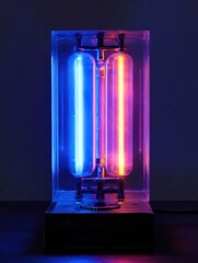 Poster - Neon Light Pulse Enclosed in a Transparent Structure Against a Dark Backdrop Showcasing Vibrant Hues of Blue and Pink