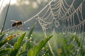Dew covered spiderweb with bee at dawn