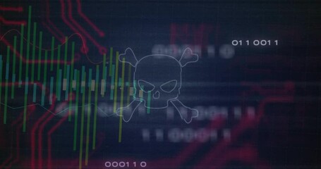 Poster - When skull outline appearing, bars rising and circuit traces pulsing to visualize hacking threat