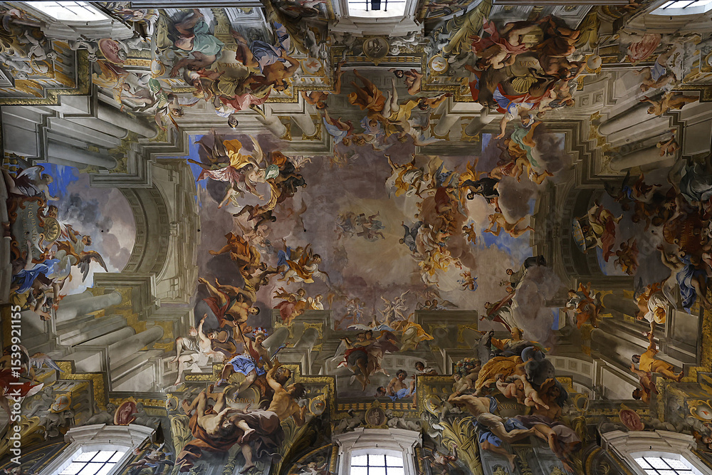 Saint Ignatius of Loyola church, Rome, Italy. Ceiling frescoes. Glory ...
