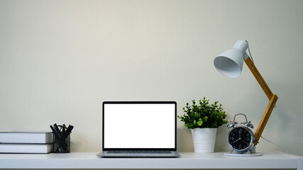 Bright home office desk with laptop, coffee mug, notebook, and indoor plants.