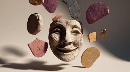 Poster - Smiling Clay Face Surrounded by Colorful Abstract Shapes in a Minimalistic Setting