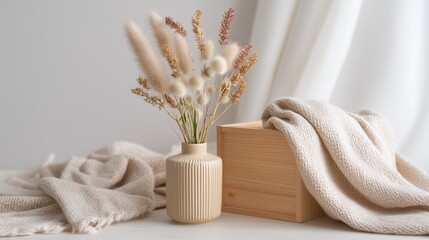 Poster - Dried flowers in beige vase beside wooden box and cozy blanket on soft surface