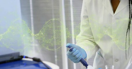 Poster - Lab technician using pipette and depositing sample into tubes for research under animated DNA helix