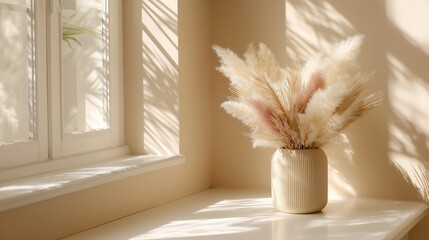Poster - Bright sunlight filters through window casting shadows on flower arrangement in minimalist room