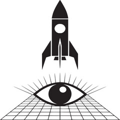 Wall Mural - A black and white illustration of a rocket ship above an eye on a grid pyramid background design