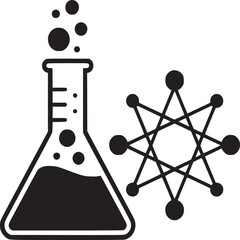 Wall Mural - Black and white illustration of a flask with liquid and bubbles next to a molecule structure icon