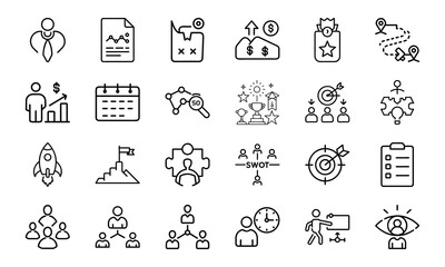 Poster - Business strategy icons vector set illustrating planning goals and management concepts for success