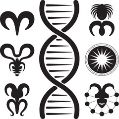 Wall Mural - Black and white graphic design featuring dna strand and various abstract symbols on a white background