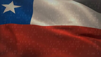 Poster - Chilean flag fluttering in dark void, binary digits appearing and cascading showing digital data