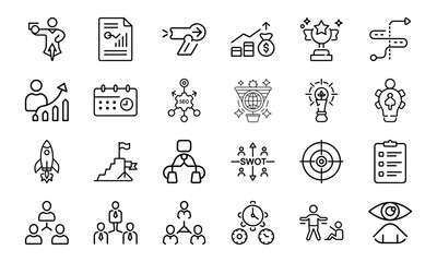 Aufkleber - Simple black and white business and strategy icon set representing teamwork planning and goal achievement