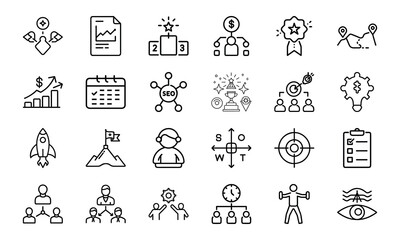 Poster - Set of linear business and marketing icons illustrating strategy and success elements