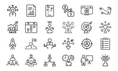 Poster - Business strategy and management icon set for planning goals and marketing solutions