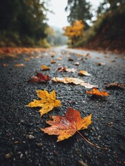 Poster - Pathway of Fallen Leaves Highlights Seasonal Transition From Summer to Autumn in a Tranquil Natural Setting