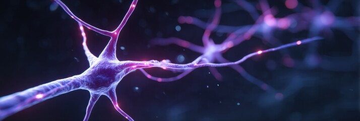Poster - Intricate Neon-Lit Neuron Network Glows Against Dark Purple Backdrop Creating a Captivating Cyberpunk Atmosphere