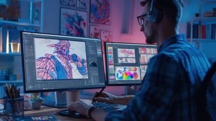 In a modern animation studio, a digital artist and a programmer work at a computer. The room is softly lit with LED lighting and colorful concept drawings on the wall. 