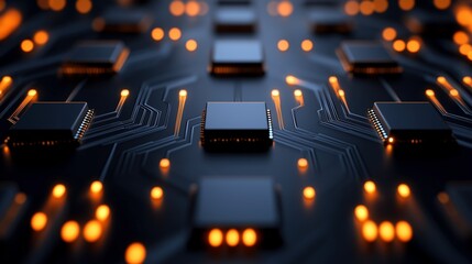 Poster - Computer chips and orange diode lights image render 3d. Innovations. Modern circuit board with powerful components background realistic graphic. Conceptual idea, visual storytelling