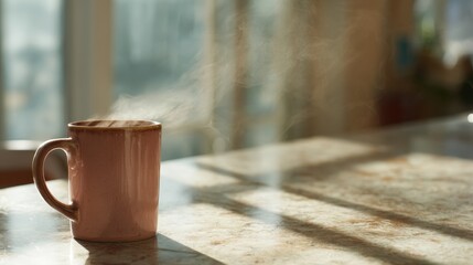 Poster - Warm sunlight illuminates a ceramic coffee cup with rising steam on a sunlit café table, creating a cozy ambiance and inviting morning feel with soft shadows and a peaceful atmosphere