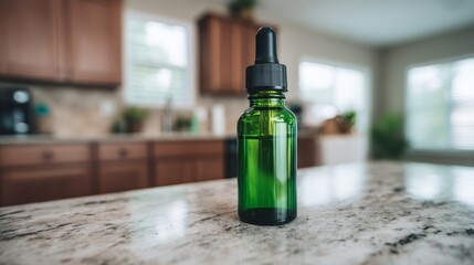 Poster - Closeup of a vibrant green glass dropper bottle on a marble countertop with natural daylight, soft shadows, and minimal background, ideal for skincare or health product showcasing