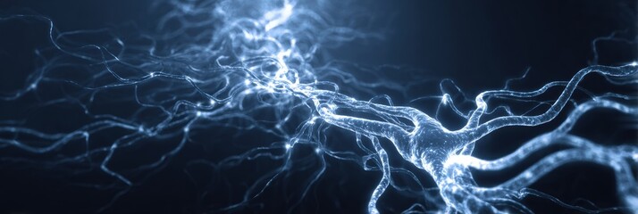Fototapete - Visualization of Neural Pathways Illuminated by Light Trails Against a Dark Blue Background Showcasing Brain Connectivity