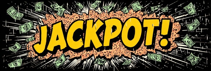 Poster - Bold Pop Art Style Graphic Featuring the Word Jackpot With Money Raining Down in the Background Showcasing Vibrant Colors and Dynamic Design