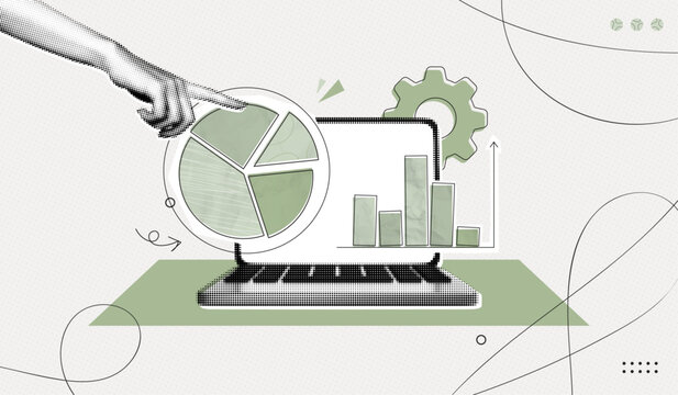 Trendy Halftone Collage Computer laptop with financial analytics. Pieces of pie chart. Business data and market share concept. Finance graph. Investment strategy. Contemporary vector illustration art