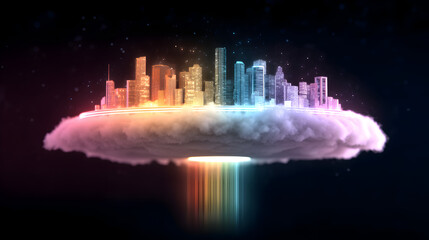Poster - A futuristic cityscape glowing in various colors floats above a luminous cloud with radiant beams descending into the dark void below.