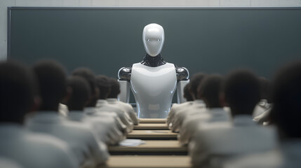 Poster - A humanoid robot stands in front of a classroom filled with students, symbolizing AI education and technological integration in learning.