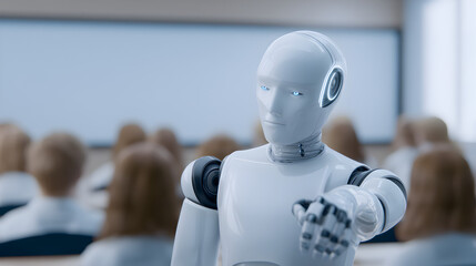 Poster - A humanoid robot points forward in a classroom setting, highlighting AI and robotics in education or technology interaction.