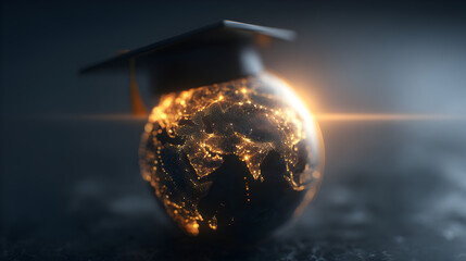 Poster - A glowing digital globe wearing a graduation cap symbolizes global education and knowledge sharing in the digital age.