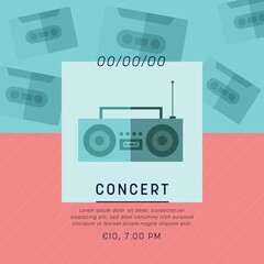 Poster - image of concert text with radio and tapes icons on blue background