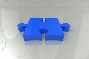 Poster - Glossy blue puzzle piece is resting in 3D studio on reflective puzzle layout, casting reflection