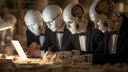 Poster - Four humanoid robots dressed in tuxedos work together at a desk, focused on a laptop and documents in a dimly lit room.