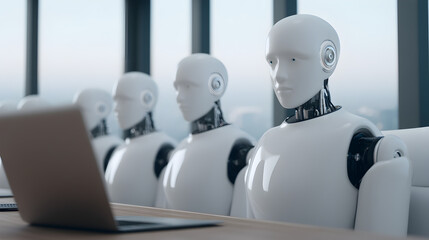 Poster - Four humanoid robots sit in a row working on laptops in a modern office environment with a cityscape backdrop.