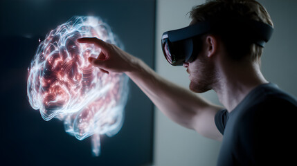 Poster - A person wearing a VR headset interacts with a glowing digital brain hologram, symbolizing advanced technology and neuroscience.