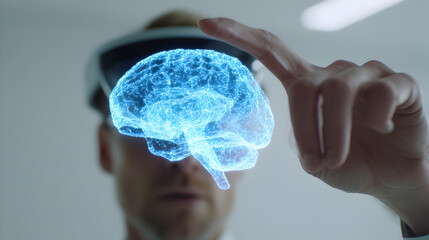 Poster - A man wearing augmented reality glasses interacts with a digital hologram of a human brain.